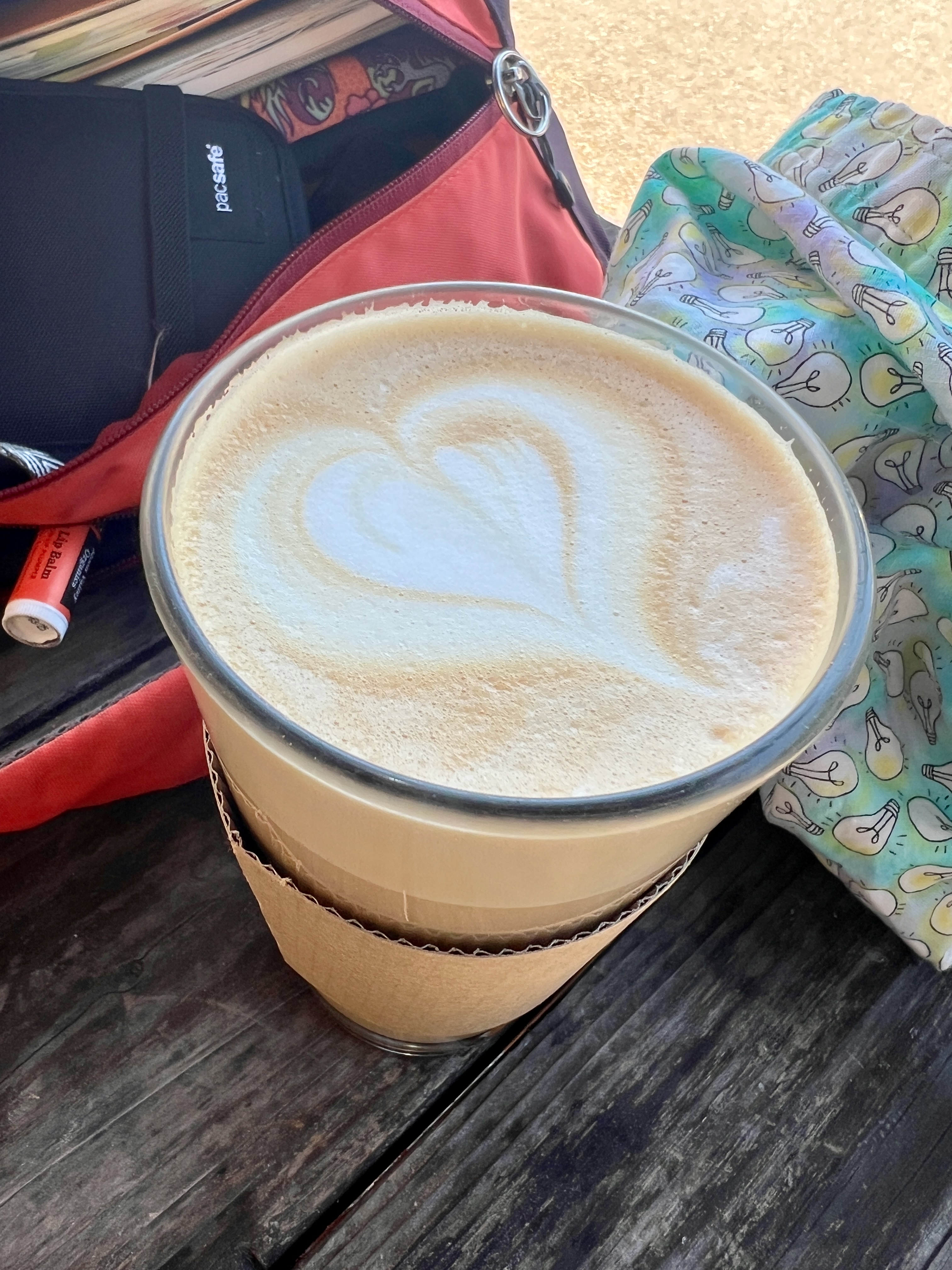 A latte with a heart traced into the foam.