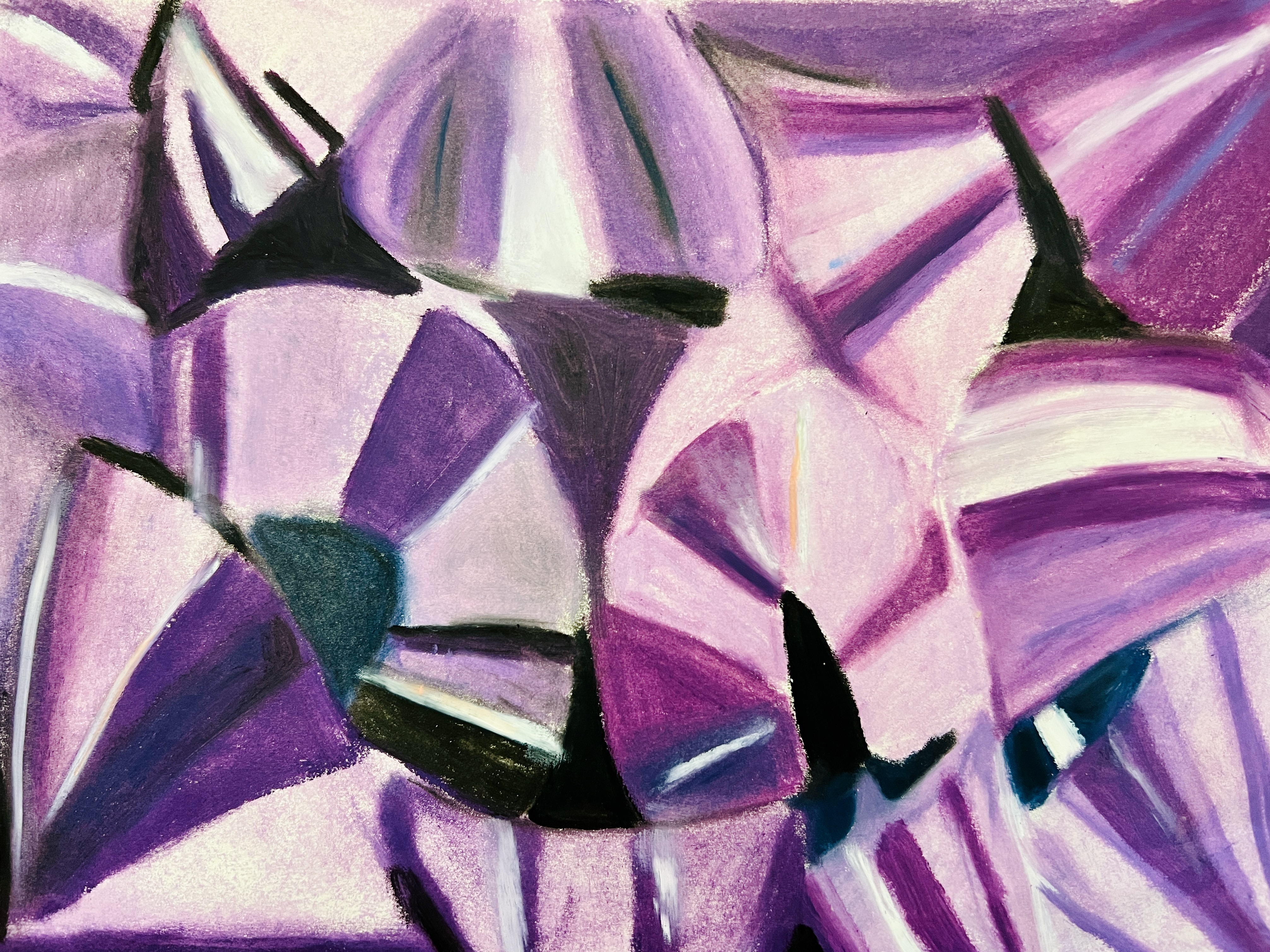 A jumble of rounded triangular shapes in light and dark shades of purple.