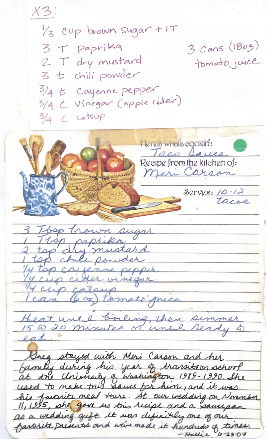 The original Taco Sauce recipe card