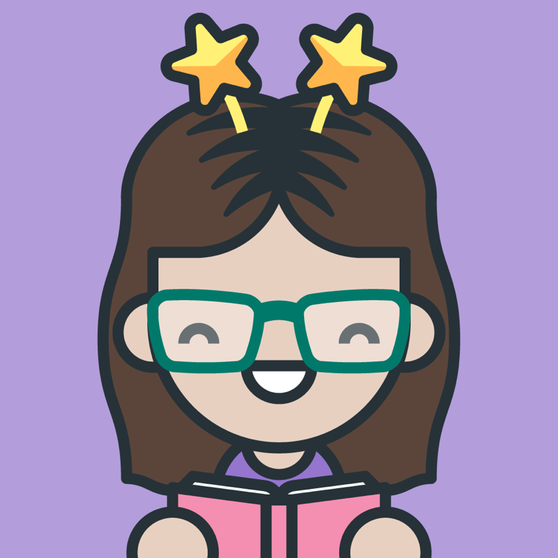 Cartoon white woman with brunette hair, glasses, holding a book, smiling, and wearing a star-shaped bobble headband